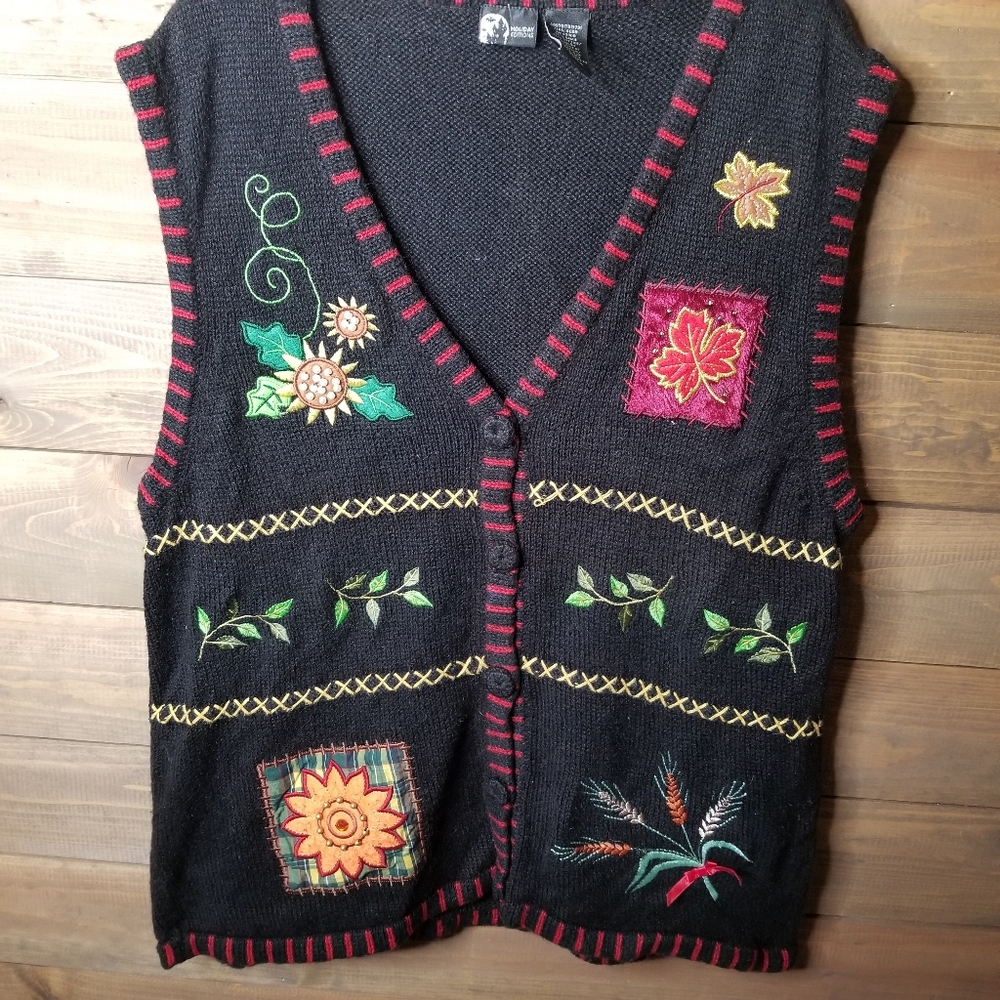 Vtg Holiday Editions Embroidered Patches Festive Sweater Vest Navy Sz XL